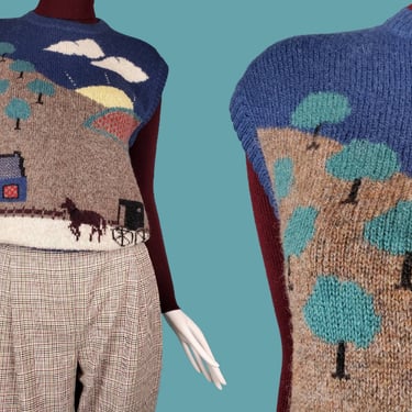 1980s wool sweater vest with an adorable farmscape. Rural horse & buggy rolling hills farmhouse sunrays cottage core equestrian.  (M) 