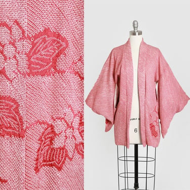 Shibori silk haori | Vintage 50s red floral silk shibori kimono 