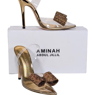 Aminah Abdul Jillil - Transparent &quot;Aloral&quot; Strappy Pumps w/ Gold Rhinestone Bow Sz 7