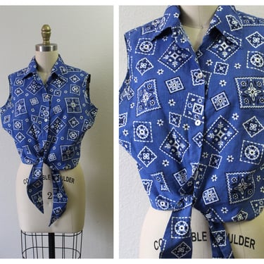 Vintage 50s Carol Brent Blue White Bandana Print Sleeveless Blouse Shirt Top Waist Tie Rockabilly Pinup // US 6 8 Med Lg 