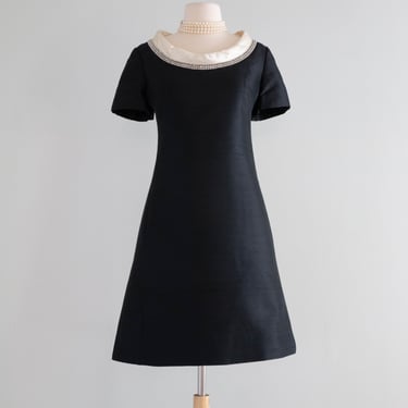 Fabulous 1960's Mod Black & White Shantung Silk Cocktail Dress With Pockets / ML