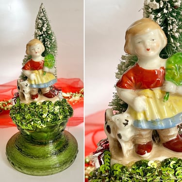 Porcelain Girl with Dog, Holiday Decor, Vintage Assemblage Art, Green Glass Dish Pedestal, Artistic 