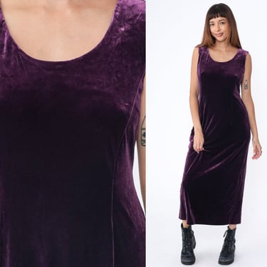 Purple Velvet Dress 90s Maxi Dress Scoop Neck Goth Grunge Party Dress Sleeveless Sheath 1990s Gothic Vintage Medium 