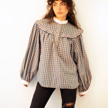 Vinage Liz Claiborne 1980s Collared Check Top with Massive Peasant Sleeves Multicolor Rainbow Bell Bishop Peasant Top 