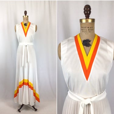 Vintage 60s dress | Vintage white orange maxi dress | 1960s pleated print long dress 