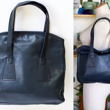 Vintage 1970s Ganson Leather Top Handle Multi Compartment Tote Purse - Large Navy Blue Leather Handbag 