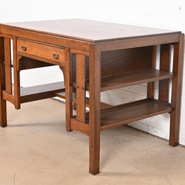 Limbert Mission Oak Arts &#038; Crafts Desk or Library Table With Built-In Bookcases, Newly Refinished