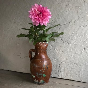 19th C Pottery Jug, Vase, Pitcher, Hand Thrown, Artists Studio, Glazed Terra Cotta, European Farmhouse, Farm Table, Ancient Staple Repairs 