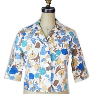 1960s Jacket ~ Blue Botanical Floral Cropped Cotton Jacket 