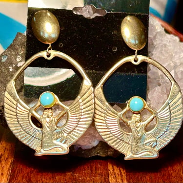 Vintage Egyptian Revival Jewelry Pierced Dangle Earrings Blue Glass Stones Retro 