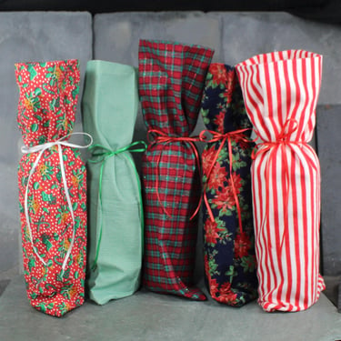 HOLIDAY Wine Bags - Set of 5 - Choose Your Set of Reusable Fabric Wine Gift Bags - Upcycle Gift Wrap - Vintage Fabrics | Bixley Shop 