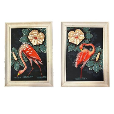 Pair of Hawaiian Pink Flamingo Airbrush Prints by Billy SEAY in Frame 