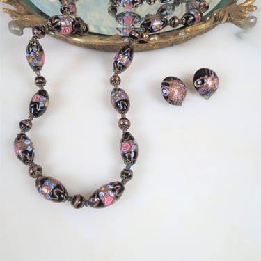 Vintage Venetian glass wedding cake bead necklace and matching earrings, 1930s, murano glass, demi parure, made in Italy 