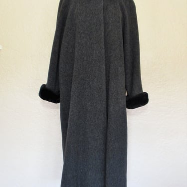 Vintage 1990s Albert Nipon Studio Maxi Coat, Size 20W Women,  Gray Wool Winter Coat, Black Faux Fur Trim, Penny Lane 