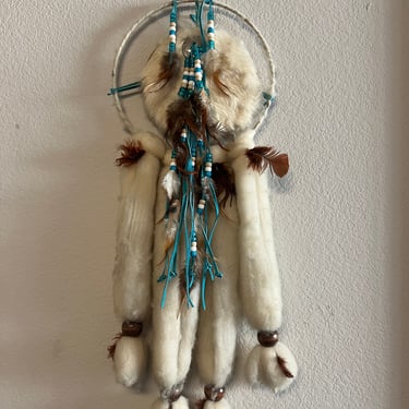 Vintage Wool Dream Catcher, Dream Catcher Wall Hanging, Native American Decor, Native American Wall Hanging,Blue Bead Wool Wall Hanging 