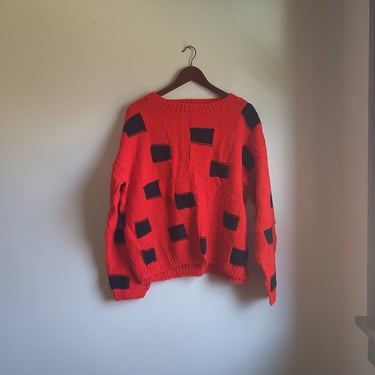 Vintage 1980's to 1990's Red Pullover Knit Patchwork Sweater / L to XL 