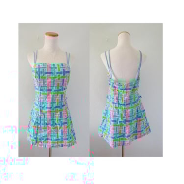 Vintage Cotton Mini Sundress - 60s 70s Era Geometric Print Summer Dress Playsuit with Built in Bra - Size Medium - Gabar Swim Dress 