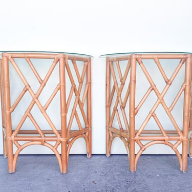 Pair of Rattan Chippendale Demilunes