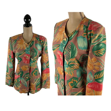 80s Floral Blazer Women S-M, Linen Rayon Collarless Jacket, Bold Print Toffee Brown Orange Green, 1980s Clothes Women Vintage Breckenridge 