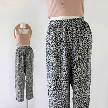 high waist botanical trousers 26-32 - vintage 90s y2k black floral high waisted soft rayon cute cottage spring summer small medium pants 