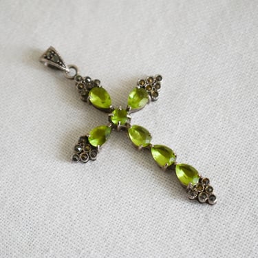 Vintage Green Stone and Marcasite Cross Pendant 