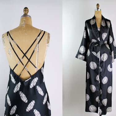 70s Neiman Marcus Two Piece Set / Vintage Lingerie / Peignoir /Black and White Vintage Robe / Size M/L 