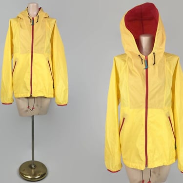 VINTAGE 90s Sunshine Yellow Hooded Windbreaker Rain Jacket with Storage Pouch by Sierra Designs L | 1990s Travel Jacket | VFG 