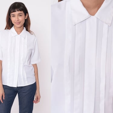 White Button Up Blouse 90s Pleated Top Short Sleeve Collared Basic Plain Preppy Vintage 1990s Small 6 Petite 
