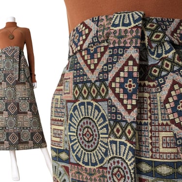 Vintage Tapestry Skirt, Small Medium / Woven Geometric Print Midi Skirt / Mediterranean Geo Print Skirt with Pockets 