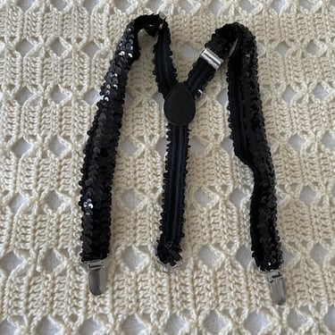 Vintage Y2K black sequin suspenders, sparkly, Halloween costume, rave, runway vibes, whimsical, adjustable 