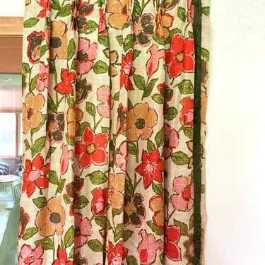 vintage pinch pleat drapery panels - scalloped valances 1960 mod floral linen curtains 