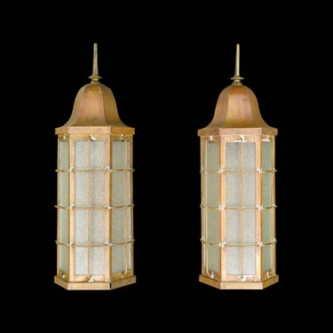 Pair of Antique Copper Textured Glass Lantern Exterior Wall Sconces