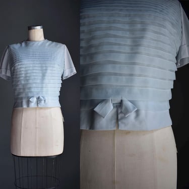 1950s Blue Pleated Blouse / Vintage Light Blue Blouse Small / Cropped Vintage Blouse / Sheer 1950s Blouse / 50s Powder Blue Blouse 