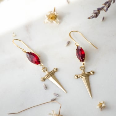 gold sword earrings, Victorian gothic dagger earrings, witchy halloween jewelry, statement dark academia red crystal earrings 
