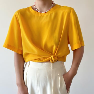 vintage blouse yellow vintage shirt vintage top satin short sleeve minimalist 90s 80s retro style classic style size M 
