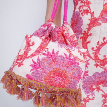 Anna Sui Arabesque Linen Tassel Crossbody Bag - Coral Multi