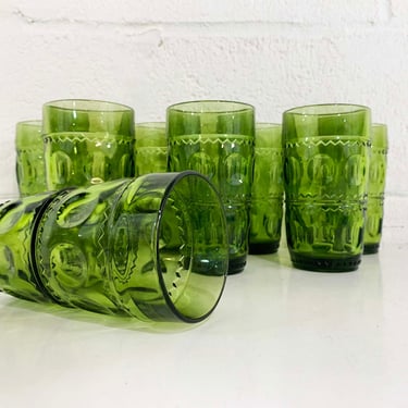 Vintage Iced Tea Glasses Set of 8 Indiana Thumbprint Pattern Dark Forest Green Highball Glasses 1960s 60s Water Glass MCM 