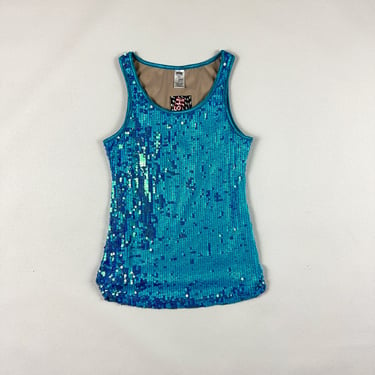 90s Turquoise Allover Sequin Scoop Neck Tank Top / Lined / Small / Medium / Cyber / Mermaid / Sea / Goth / Club / Color Shift / Blue Green 