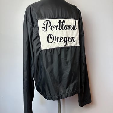 1960’s Racer jacket~ wind breaker~ black & white Portland Oregon patch ~ patches race stripes~ 60’s retro light coat~ Nehru collar size M/L 