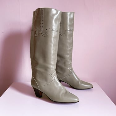 Vintage ‘80s JACQUES COHEN dove gray boots | French designer, made in Italy, almond toe, wooden stacked heel, fits 7.5 - 8B 