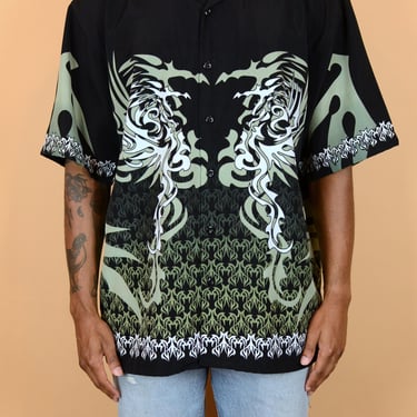 Vintage Y2K Black Tribal Dragon Print Short Sleeve Button Down Collar Shirt XXL XL 90s 2000s 