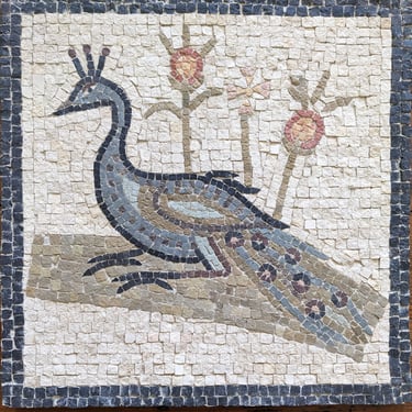 Hand crafted, reproduction Roman mosaic peacock. 