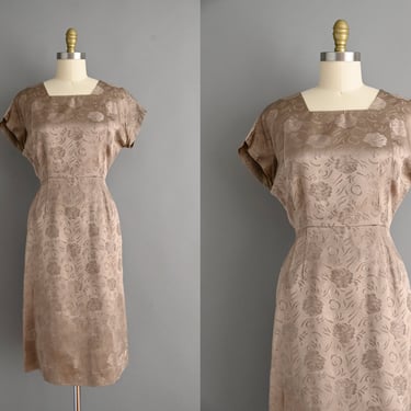 vintage 1950s Dress | Brown Floral Brocade Cocktail Bridesmaid Wedding Dress | Large 