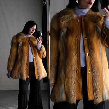 Vintage 70s Red Fox Fur & Tan Suede Coat w/ Brass Turn Lock Buttons | 100% Genuine Fur / Genuine Leather | 1970s Designer Womens Fur Jacket 