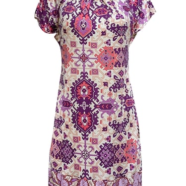 Hale Bob - Beige, Purple, & Cream Abstract Print Silk Dress Sz M