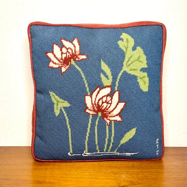 Vintage 1980s Lotus Flower Needlepoint Decorative Pillow 