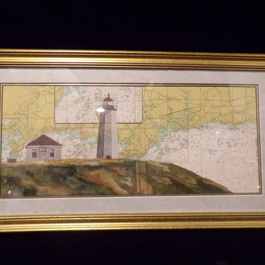 ws/Falkner Island Light Framed Watercolor on Original Nautical Chart