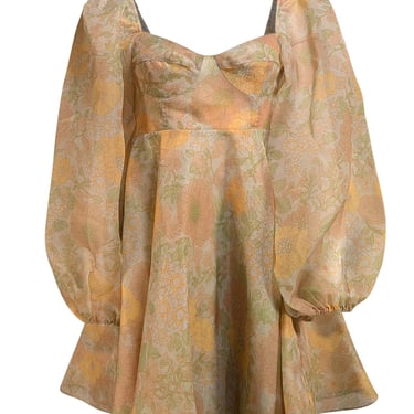 Selkie - Green & Yellow Floral Semi-Sheer Citrus Trip Puff Mini Dress Sz S
