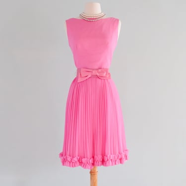 Amazing 1960's Pink Pleated Party Dress With Satin Bow Belt / Sz M