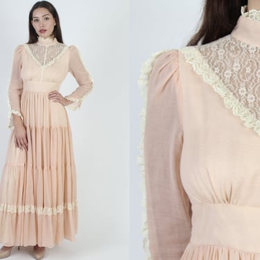 Gunne Sax Bridal Maxi Dress / 70s Peach Jessica MClintock Floral Lace / Tiered Simple Bohemian Wedding Long Dress 